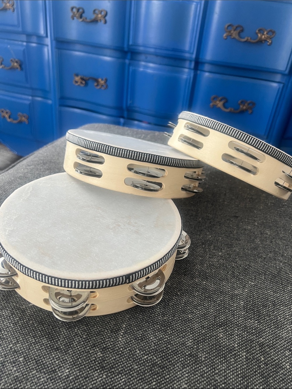 Set of 3 Natural Wood Tambourines with Silver Jingles